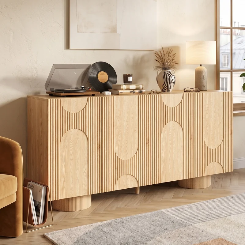 Buffet effet bois naturel motif arche en 3D et 4 portes 160x38x76cm PILLOWWHITE