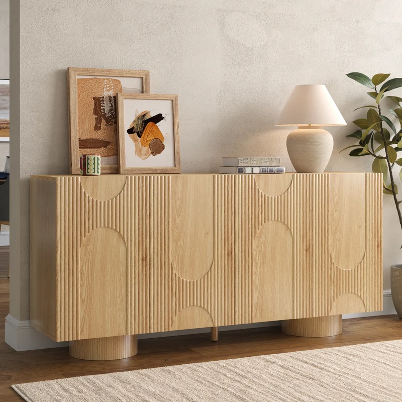 Buffet effet bois naturel motif arche en 3D et 4 portes 160x38x76cm PILLOWWHITE