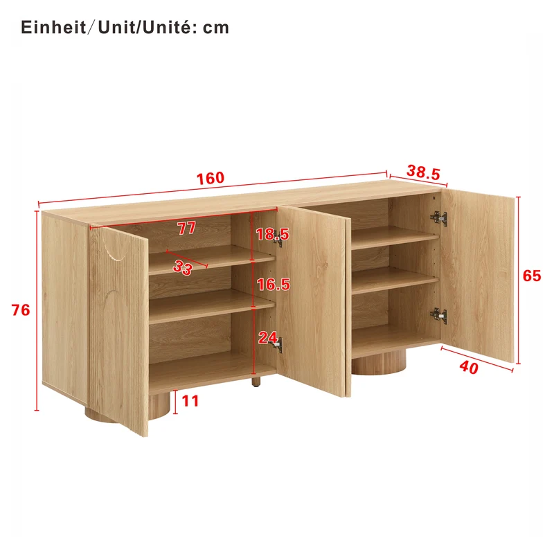 Buffet effet bois naturel motif arche en 3D et 4 portes 160x38x76cm PILLOWWHITE