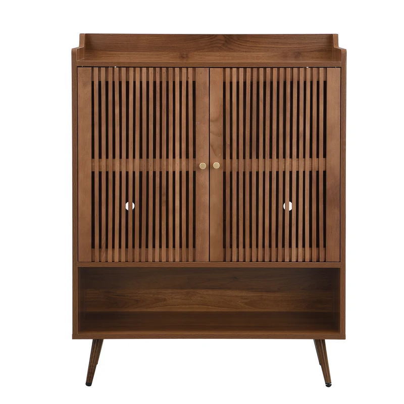 Meuble à chaussures effet noyer, portes à lattes et rangement ouvert 80×35×105cm PINECABINET