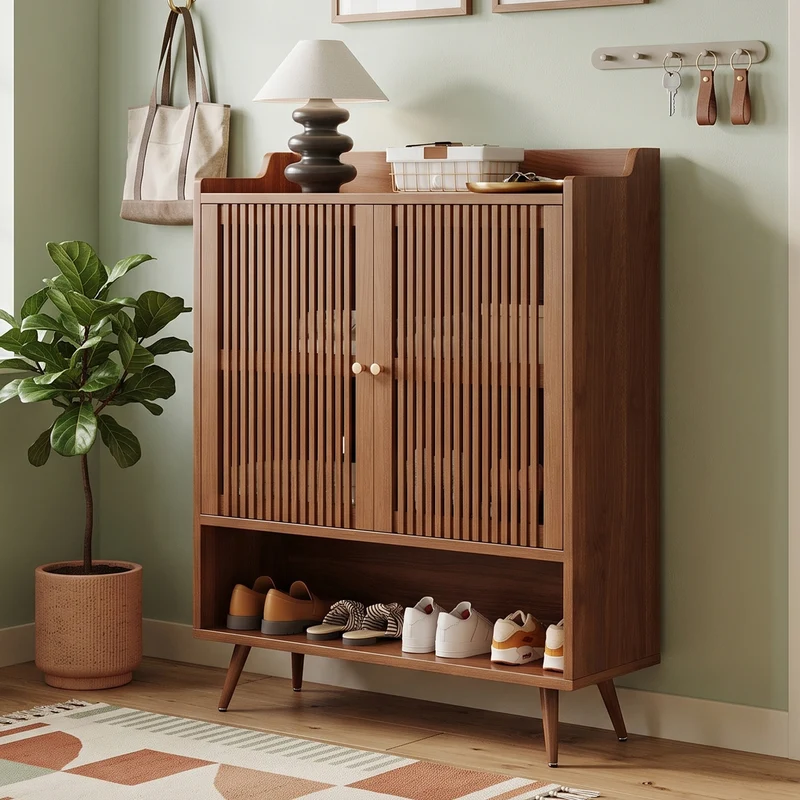 Meuble à chaussures effet noyer, portes à lattes et rangement ouvert 80×35×105cm PINECABINET