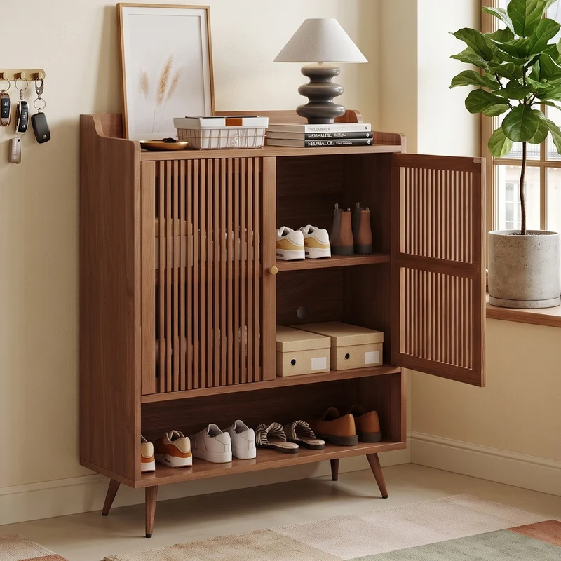 Meuble à chaussures effet noyer, portes à lattes et rangement ouvert 80×35×105cm PINECABINET