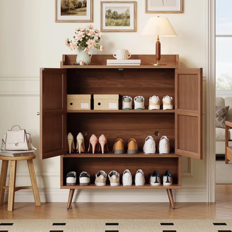 Meuble à chaussures effet noyer, portes à lattes et rangement ouvert 80×35×105cm PINECABINET