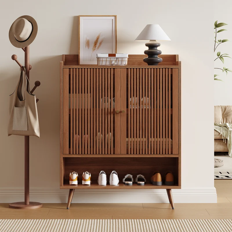 Meuble à chaussures effet noyer, portes à lattes et rangement ouvert 80×35×105cm PINECABINET