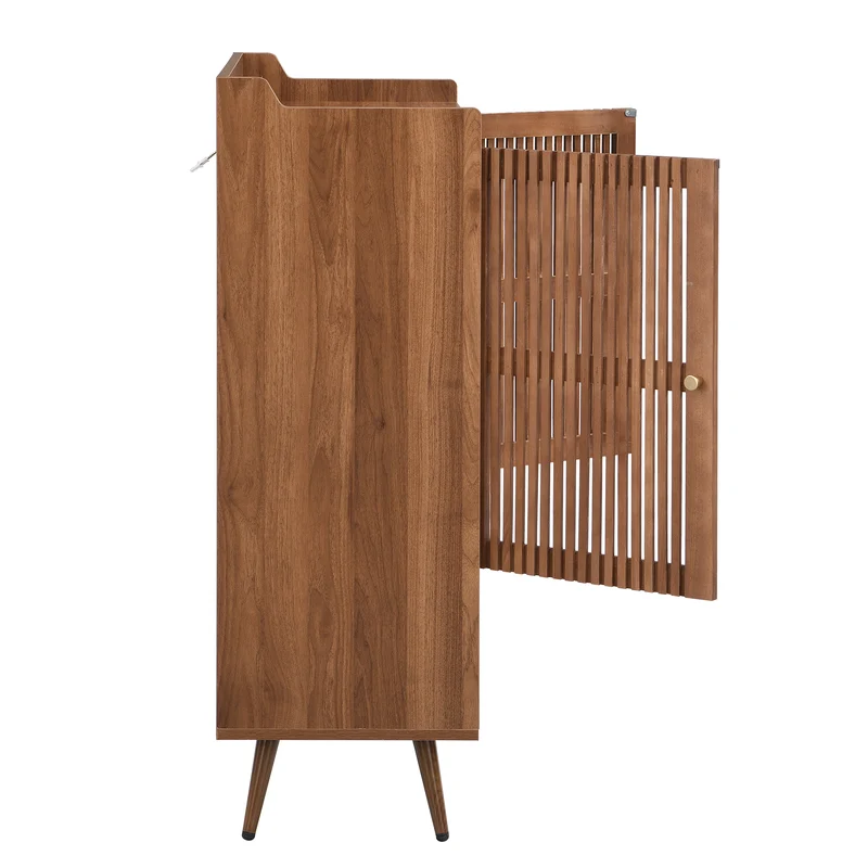 Meuble à chaussures effet noyer, portes à lattes et rangement ouvert 80×35×105cm PINECABINET