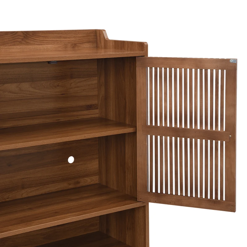 Meuble à chaussures effet noyer, portes à lattes et rangement ouvert 80×35×105cm PINECABINET