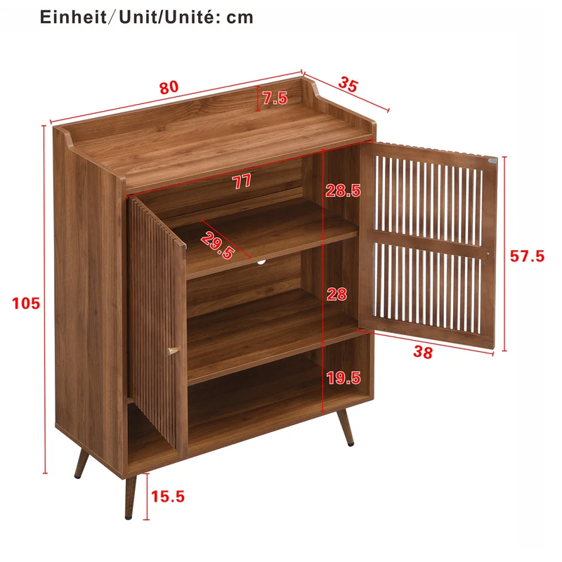 Meuble à chaussures effet noyer, portes à lattes et rangement ouvert 80×35×105cm PINECABINET
