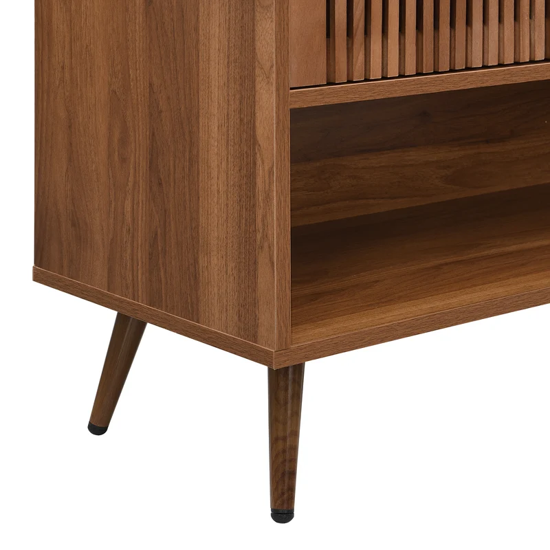 Meuble à chaussures effet noyer, portes à lattes et rangement ouvert 80×35×105cm PINECABINET