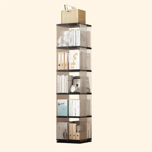 Meuble bibliothèque tournant transparent avec plateau bois