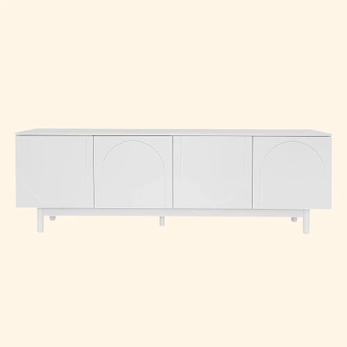 Meuble tv bas blanc sur pieds avec 2 portes a relief géométrique