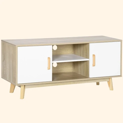 Meuble tv bois clair et blanc avec 2 portières 120x40x55 cm