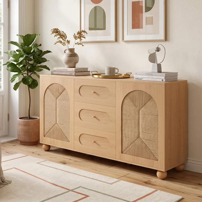 Buffet effet bois naturel avec 2 portes en cannage et 3 tiroirs 140x40x80cm PILLOWWALNUT