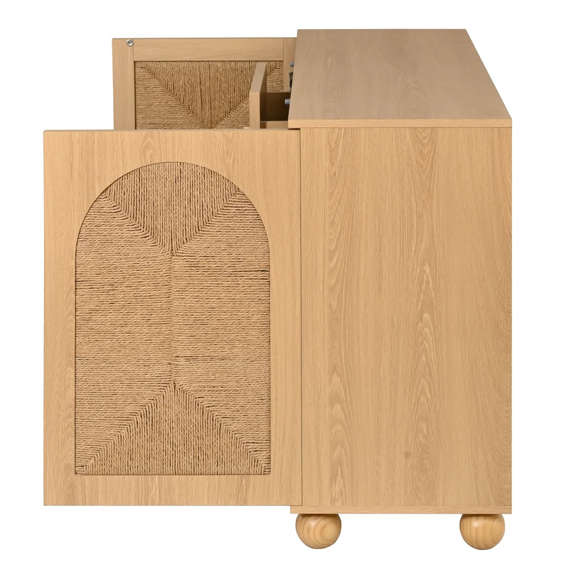 Buffet effet bois naturel avec 2 portes en cannage et 3 tiroirs 140x40x80cm PILLOWWALNUT