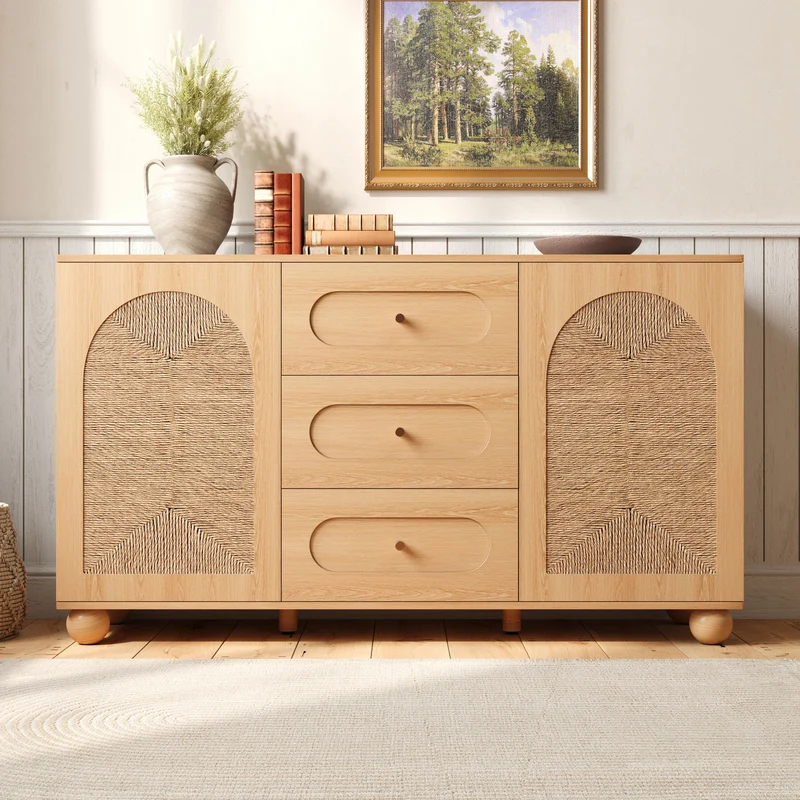 Buffet effet bois naturel avec 2 portes en cannage et 3 tiroirs 140x40x80cm PILLOWWALNUT