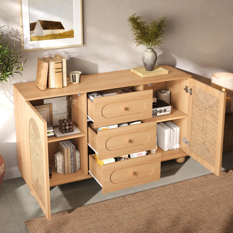 Buffet effet bois naturel avec 2 portes en cannage et 3 tiroirs 140x40x80cm PILLOWWALNUT
