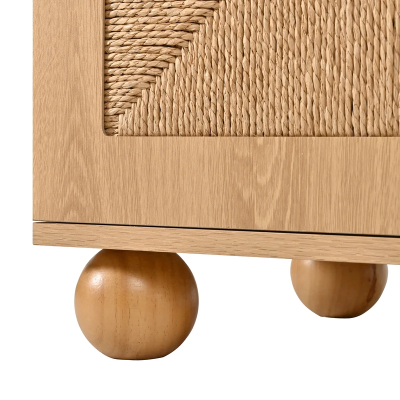 Buffet effet bois naturel avec 2 portes en cannage et 3 tiroirs 140x40x80cm PILLOWWALNUT
