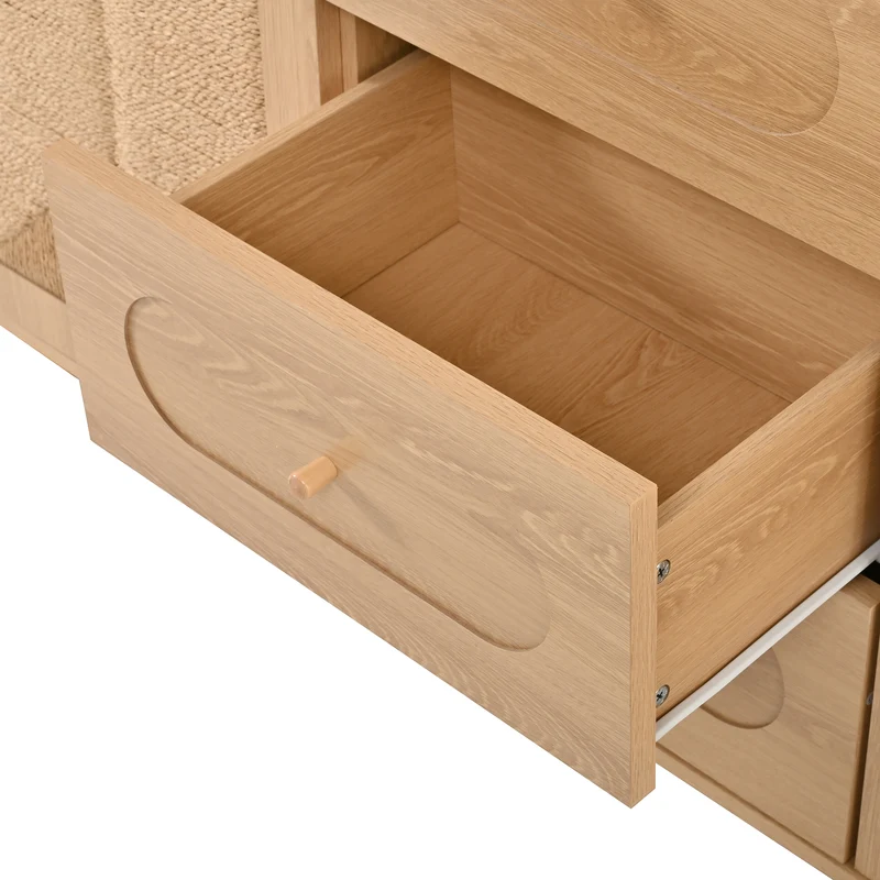 Buffet effet bois naturel avec 2 portes en cannage et 3 tiroirs 140x40x80cm PILLOWWALNUT
