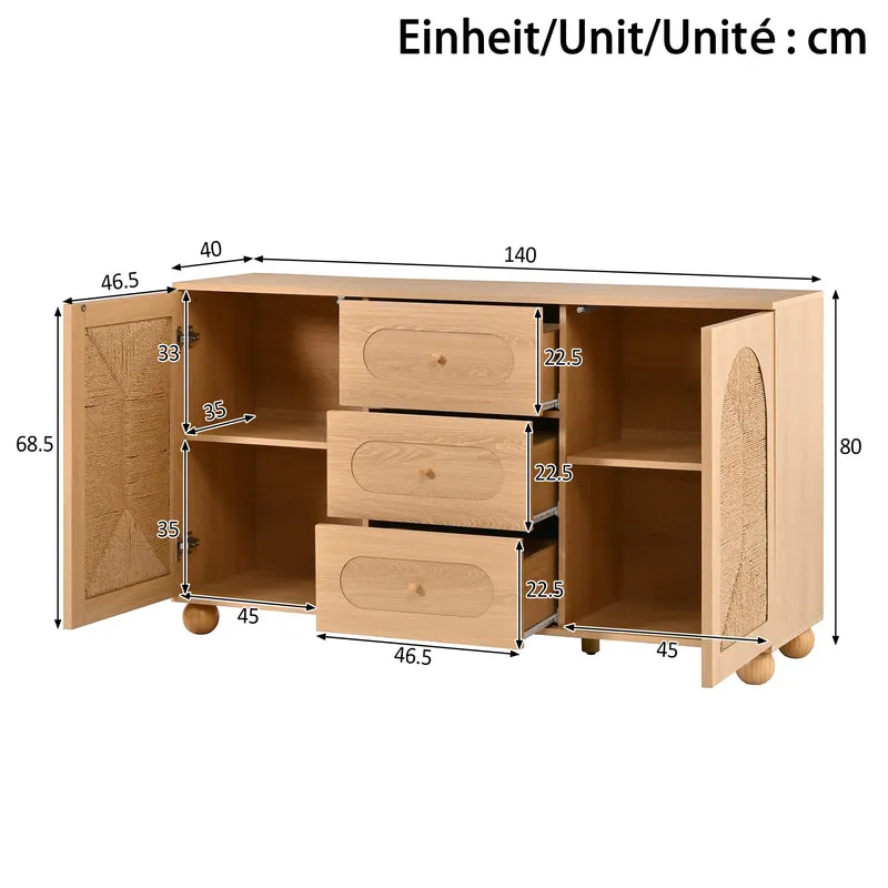 Buffet effet bois naturel avec 2 portes en cannage et 3 tiroirs 140x40x80cm PILLOWWALNUT