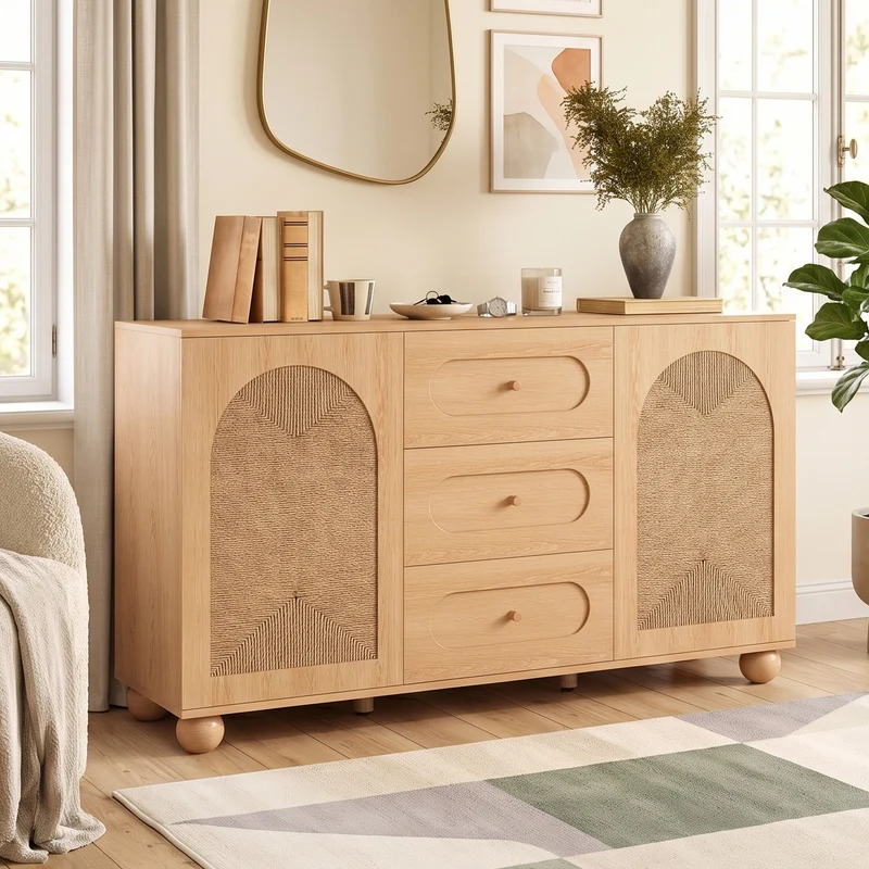 Buffet effet bois naturel avec 2 portes en cannage et 3 tiroirs 140x40x80cm PILLOWWALNUT