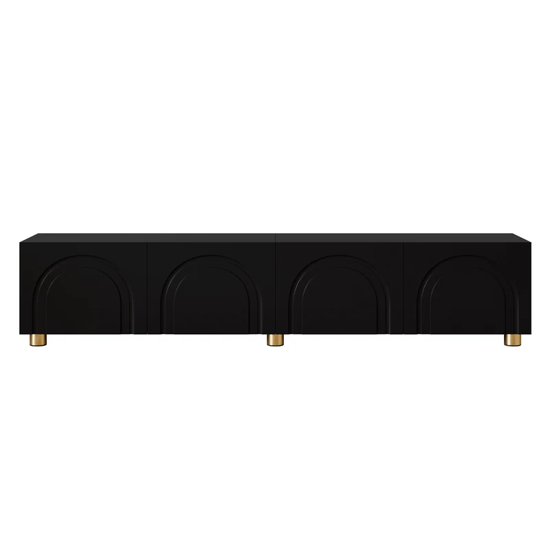 Meuble TV noir 4 portes à relief arqué pieds dorés, style moderne PLANTGRAY