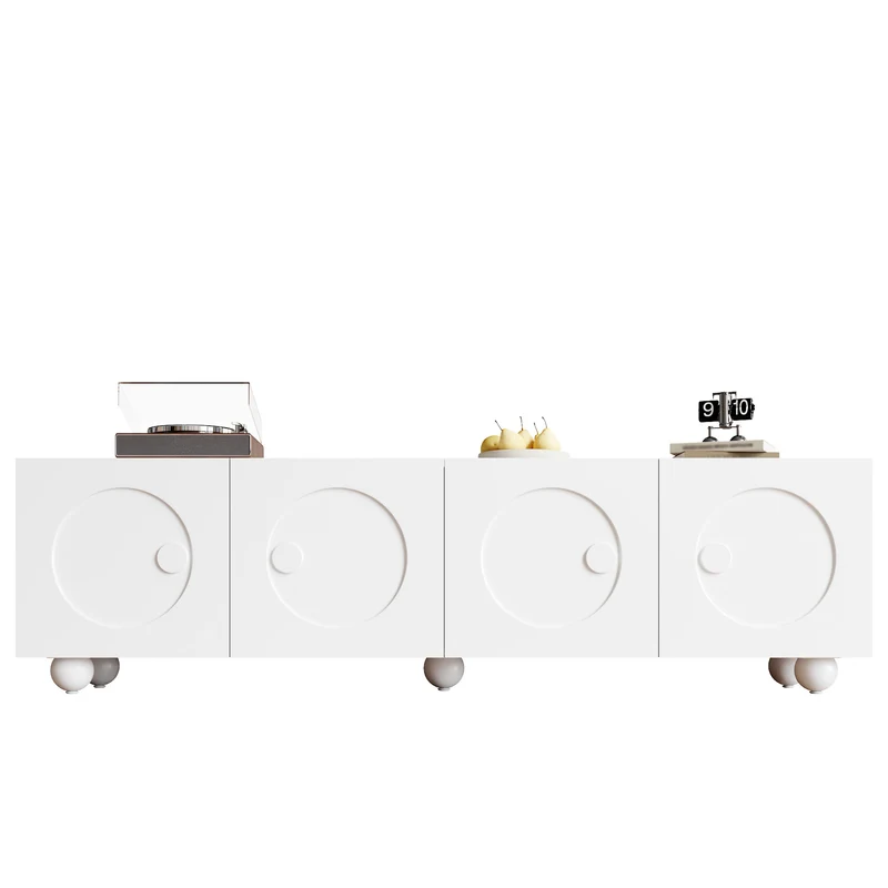 Meuble TV blanc motifs circulaires 3D et 4 portes avec pieds sphériques RATTANBOX