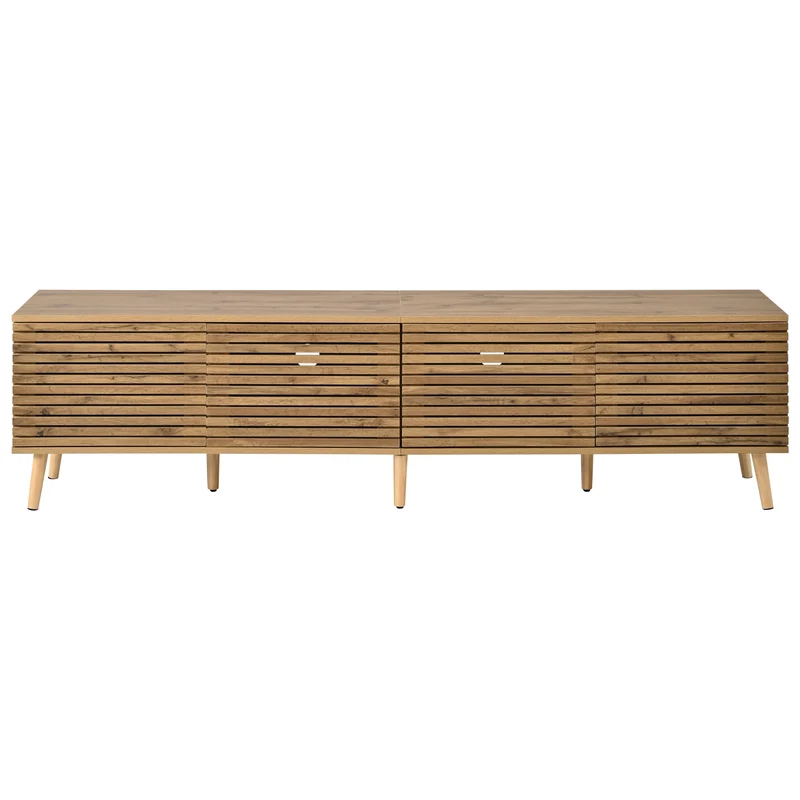 Meuble TV effet bois design à latte 4 portes rangement 180×40×46cm PANELNEST