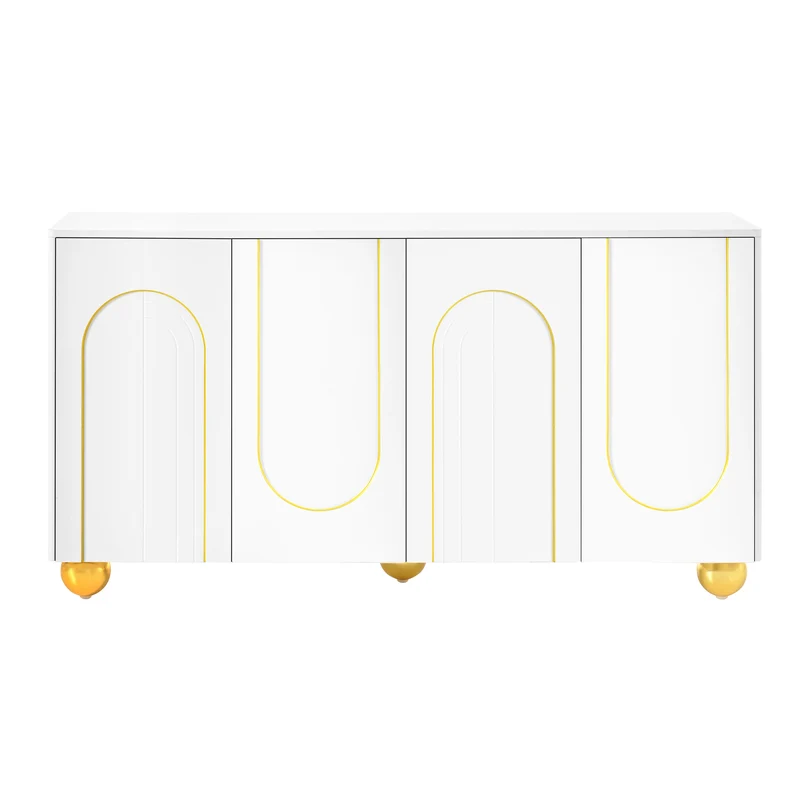 Buffet blanc motifs arche à 4 portes et pieds dorés 140×40×74cm PILLOWSTONE