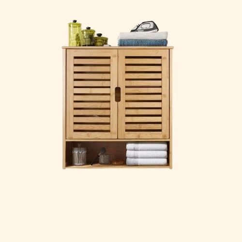 Armoire murale salle de bain bois clair, 2 portes et 1 compartiment ouvert
