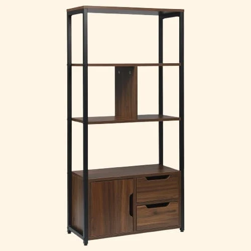 Meuble de rangement 3 niveaux et compartiment fermé en bois et métal