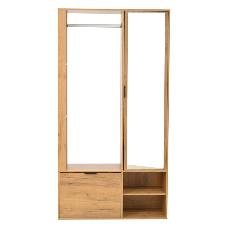 Vestiaire à l'entrée 6-en-1 effet bois naturel avec miroir, penderie et rangements 100x33x190cm MODERNTABLEART