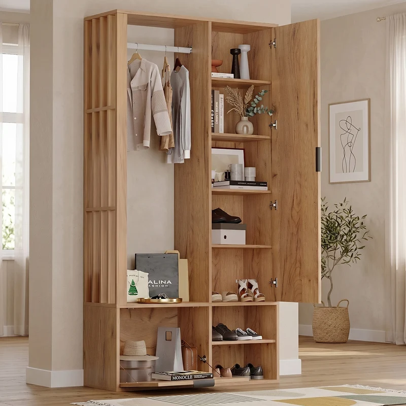 Vestiaire à l'entrée 6-en-1 effet bois naturel avec miroir, penderie et rangements 100x33x190cm MODERNTABLEART