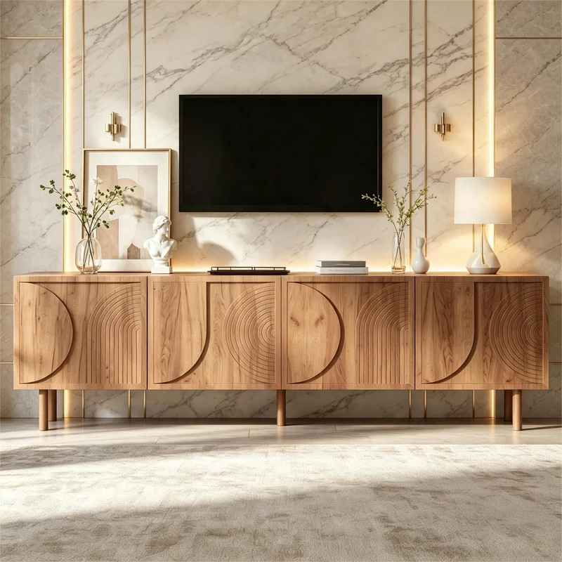 Meuble TV effet bois naturel motif arche et 4 portes 180×38×56,5cm PANELSET
