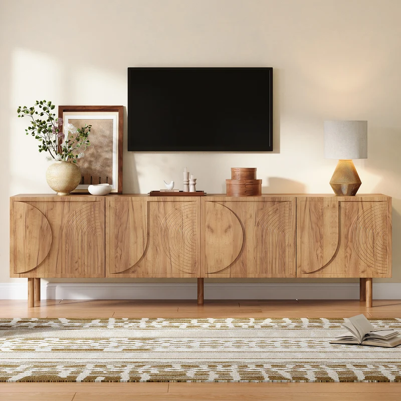 Meuble TV effet bois naturel motif arche et 4 portes 180×38×56,5cm PANELSET