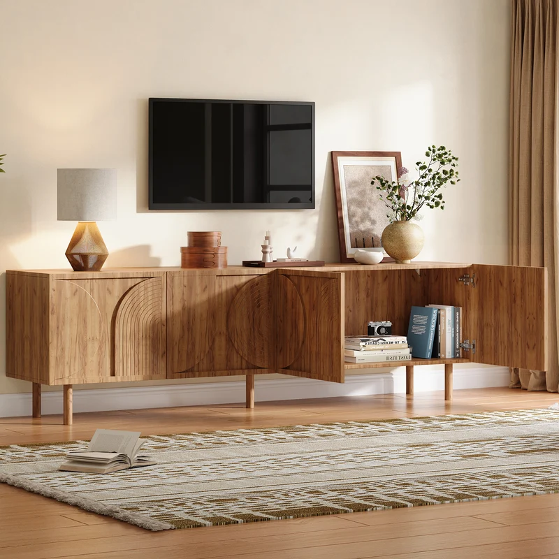 Meuble TV effet bois naturel motif arche et 4 portes 180×38×56,5cm PANELSET