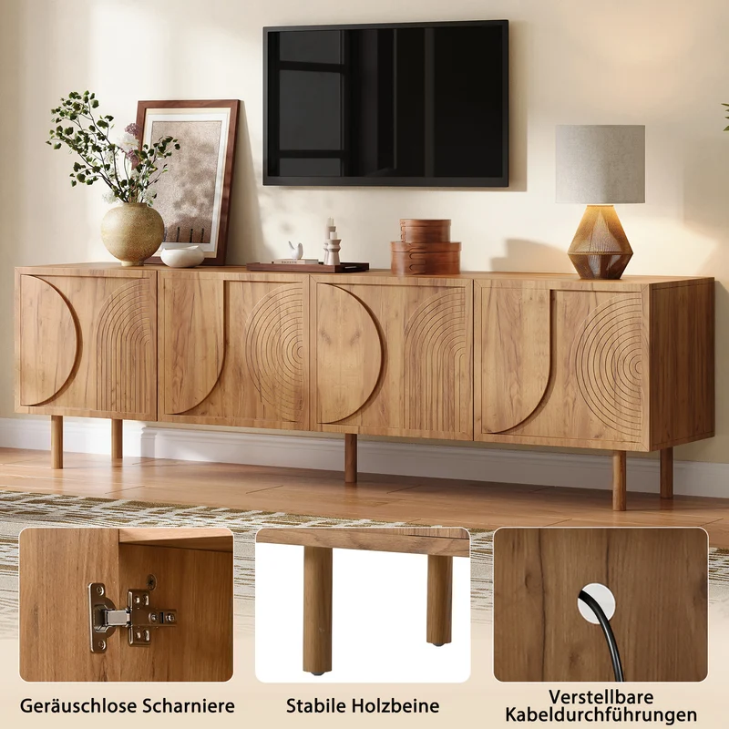 Meuble TV effet bois naturel motif arche et 4 portes 180×38×56,5cm PANELSET