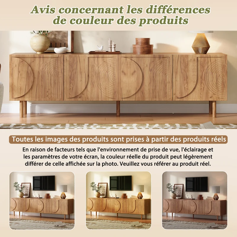 Meuble TV effet bois naturel motif arche et 4 portes 180×38×56,5cm PANELSET