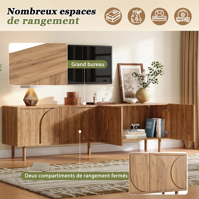 Meuble TV effet bois naturel motif arche et 4 portes 180×38×56,5cm PANELSET
