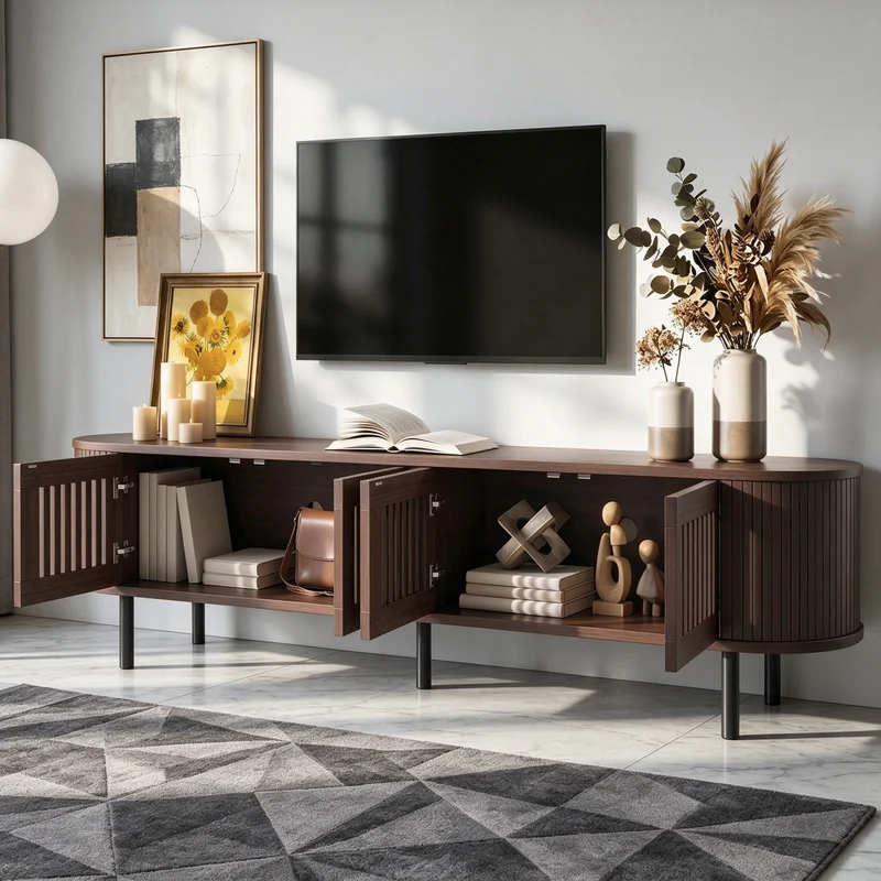 Meuble TV effet noyer style rétro 4 portes cannage 178×39,5×49,5cm MODERNBARHOME