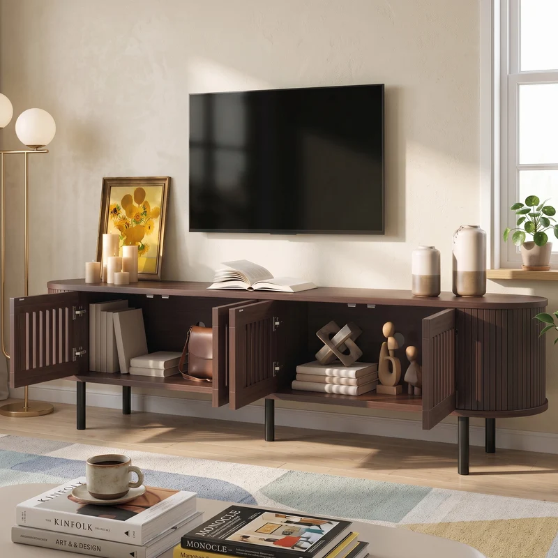 Meuble TV effet noyer style rétro 4 portes cannage 178×39,5×49,5cm MODERNBARHOME
