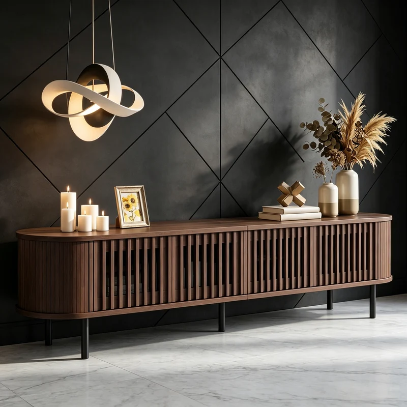 Meuble TV effet noyer style rétro 4 portes cannage 178×39,5×49,5cm MODERNBARHOME