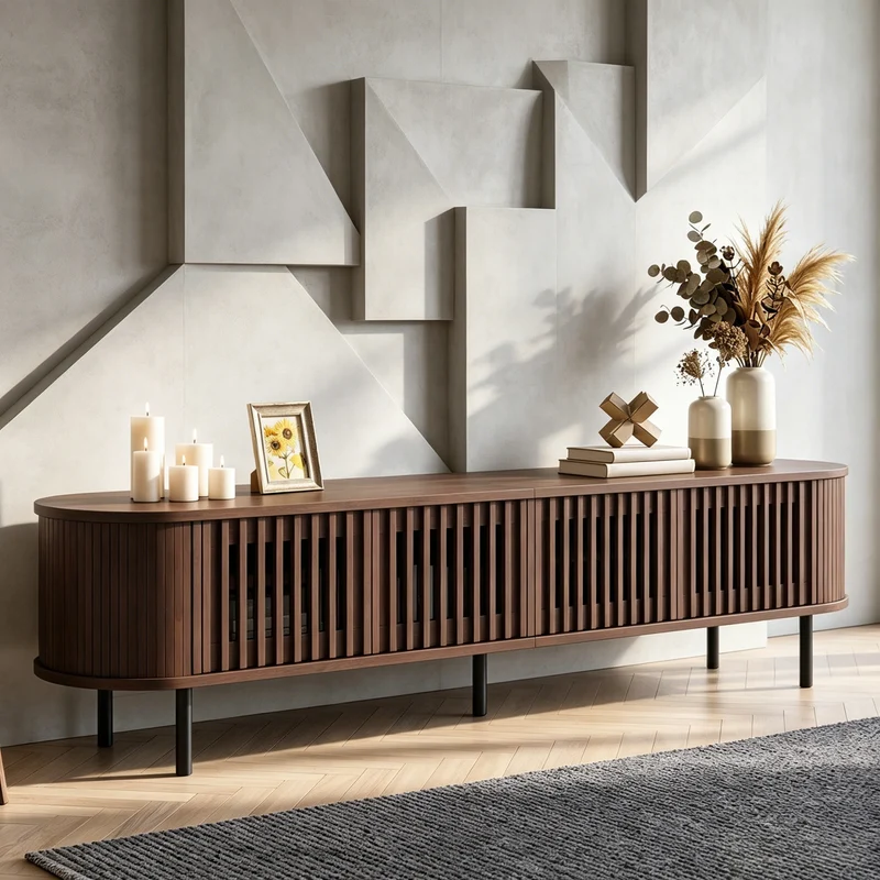 Meuble TV effet noyer style rétro 4 portes cannage 178×39,5×49,5cm MODERNBARHOME