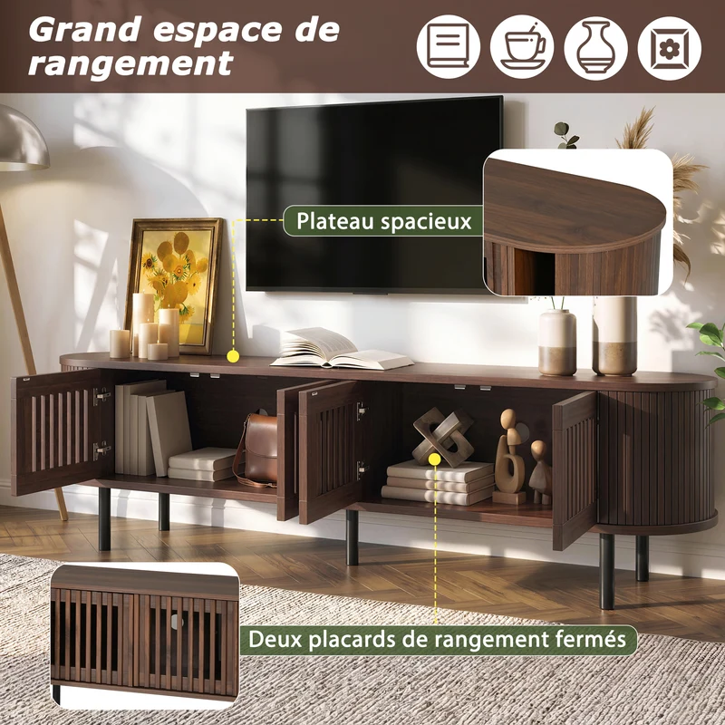 Meuble TV effet noyer style rétro 4 portes cannage 178×39,5×49,5cm MODERNBARHOME