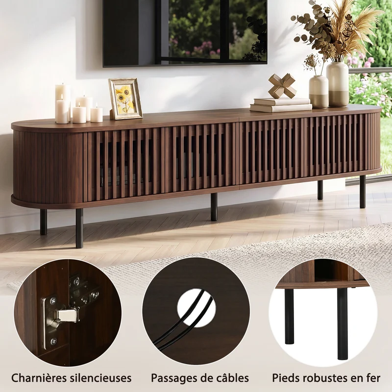 Meuble TV effet noyer style rétro 4 portes cannage 178×39,5×49,5cm MODERNBARHOME