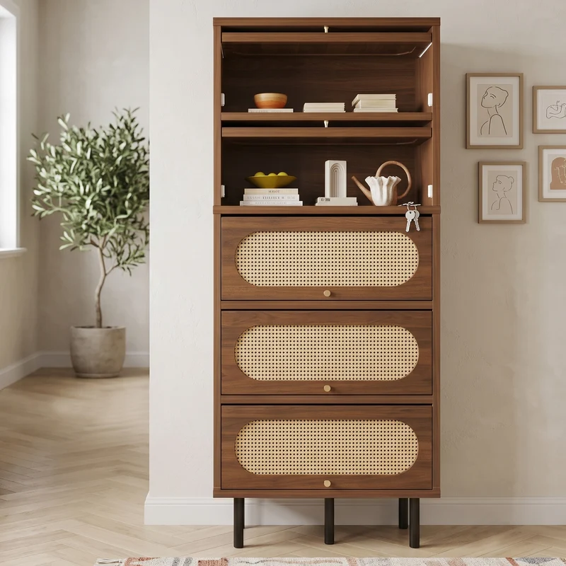 Buffet haut effet noyer et rotin 5 portes abattantes 80x40x163cm MODERNRACKHOME