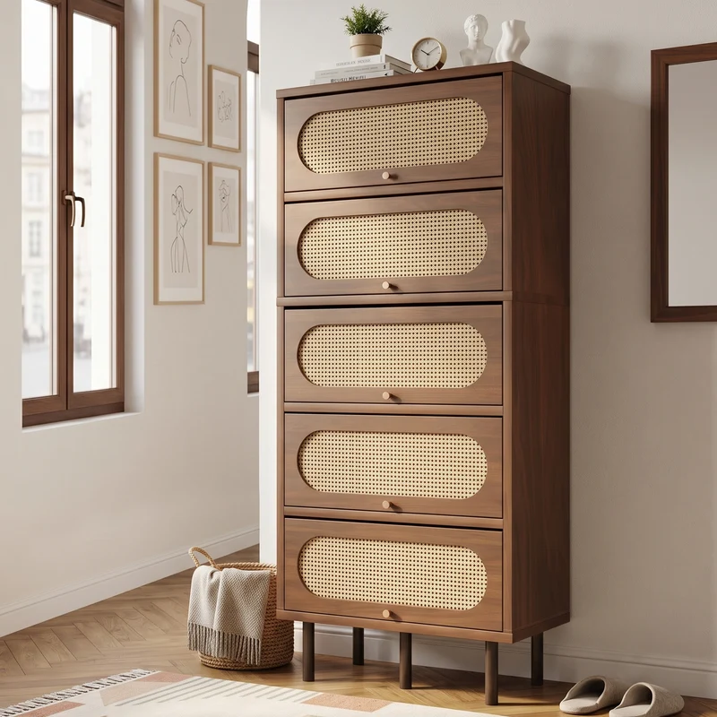 Buffet haut effet noyer et rotin 5 portes abattantes 80x40x163cm MODERNRACKHOME