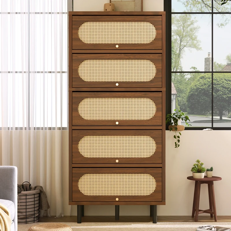 Buffet haut effet noyer et rotin 5 portes abattantes 80x40x163cm MODERNRACKHOME