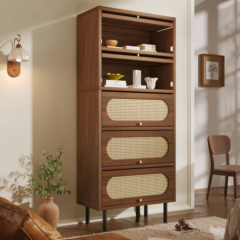 Buffet haut effet noyer et rotin 5 portes abattantes 80x40x163cm MODERNRACKHOME