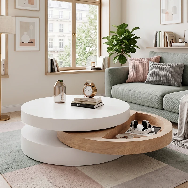 Table basse cylindrique plateau rotatif 360°, blanc & effet bois, 3 niveaux, rangement caché 60x60x35cm MODERNCHAIRART