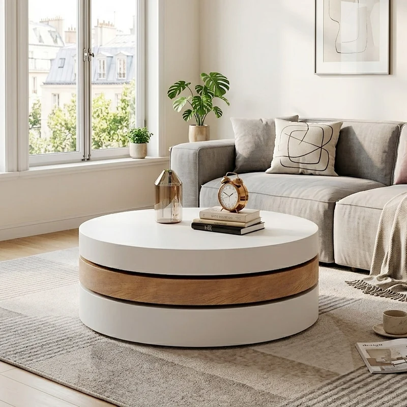 Table basse cylindrique plateau rotatif 360°, blanc & effet bois, 3 niveaux, rangement caché 60x60x35cm MODERNCHAIRART