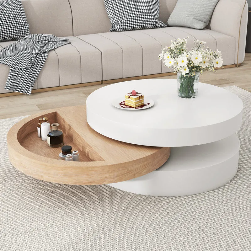 Table basse cylindrique plateau rotatif 360°, blanc & effet bois, 3 niveaux, rangement caché 60x60x35cm MODERNCHAIRART